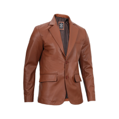 Men's Two Button Cognac Brown Leather Blazer Jacket