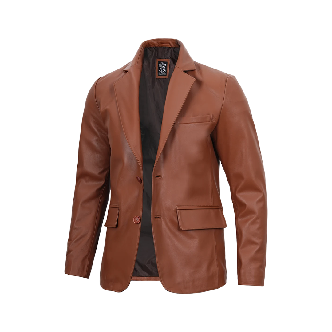 Men's Two Button Cognac Brown Leather Blazer Jacket