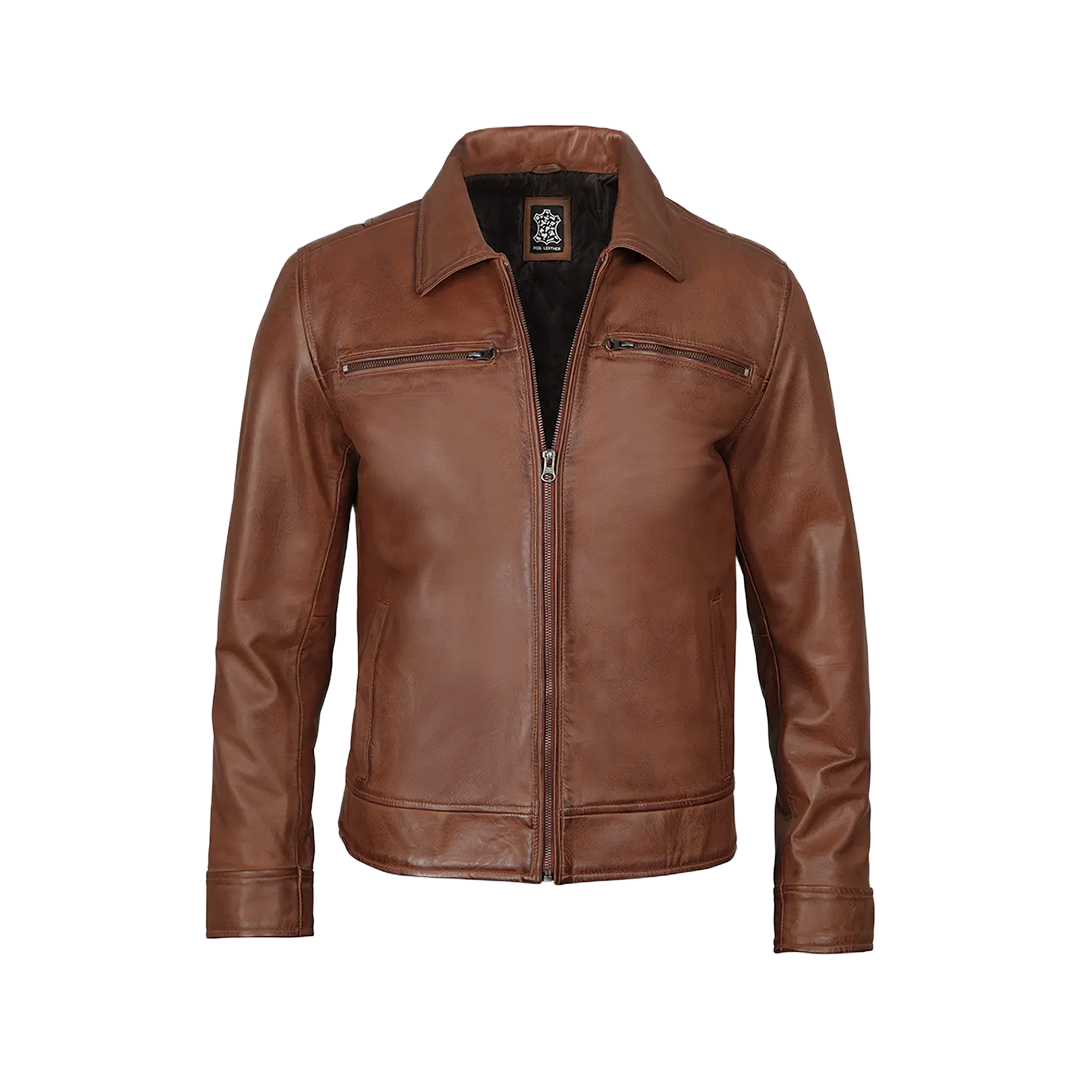 Men's Cognac Brown Leather Jacket- Shirt Collar Style