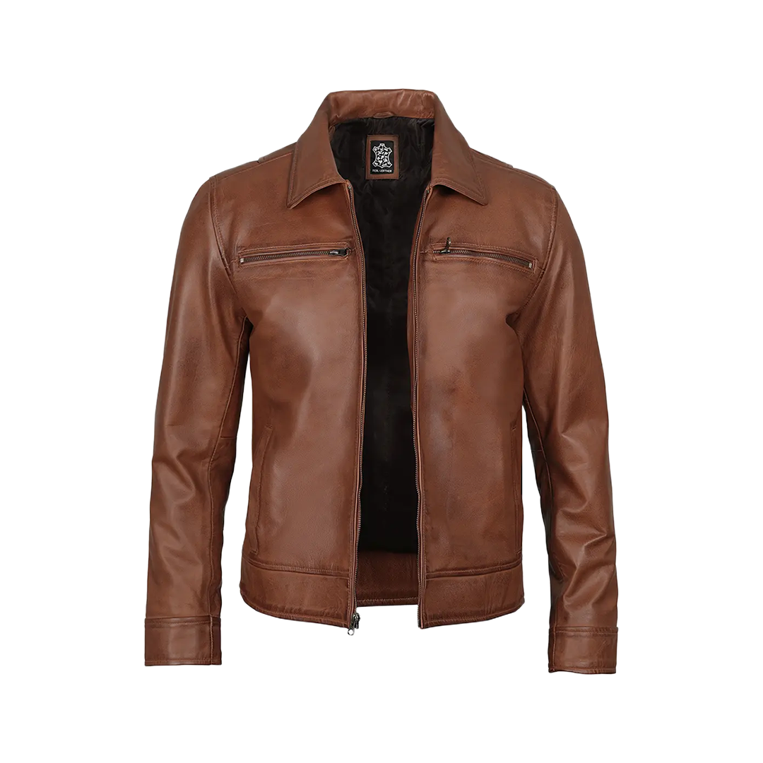 Men's Cognac Brown Leather Jacket- Shirt Collar Style