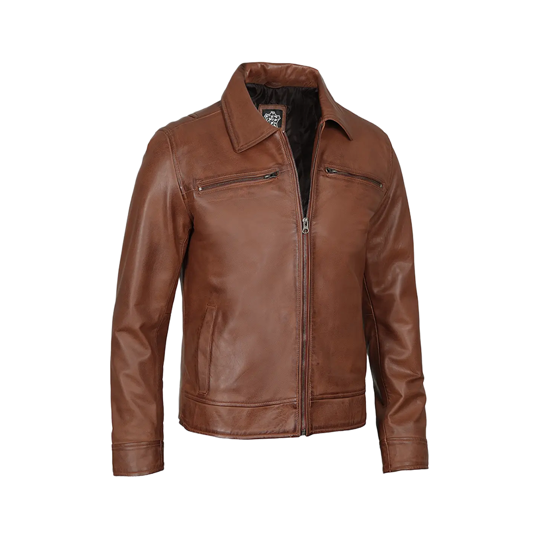 Men's Cognac Brown Leather Jacket- Shirt Collar Style