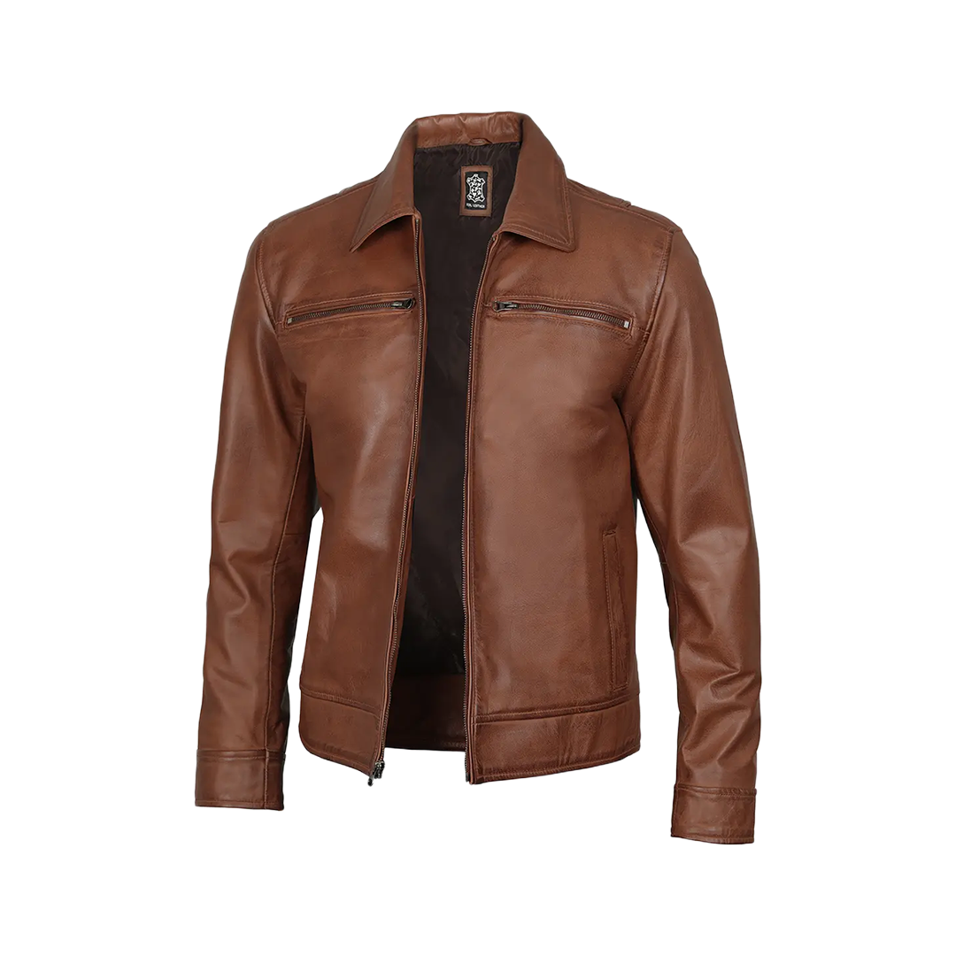 Men's Cognac Brown Leather Jacket- Shirt Collar Style