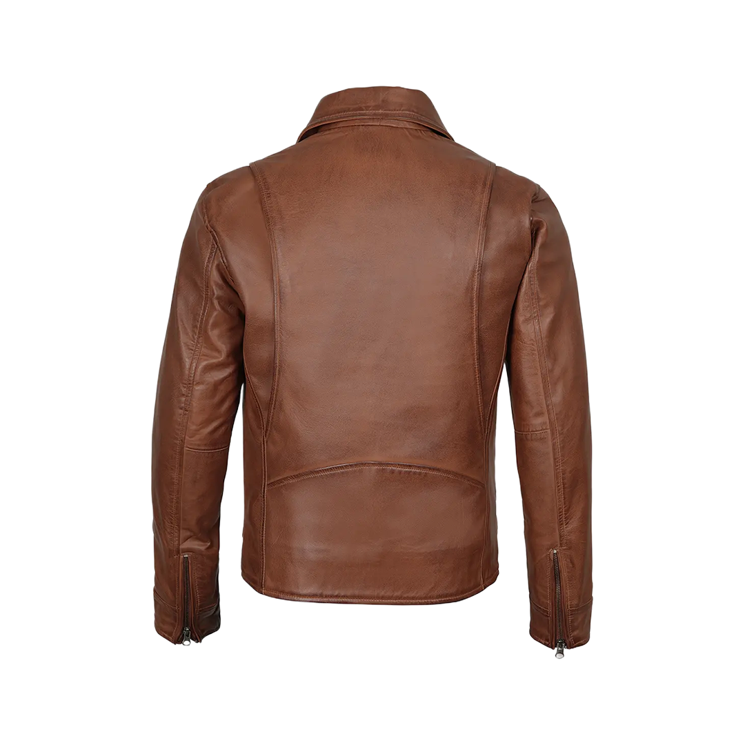 Men's Cognac Brown Leather Jacket- Shirt Collar Style