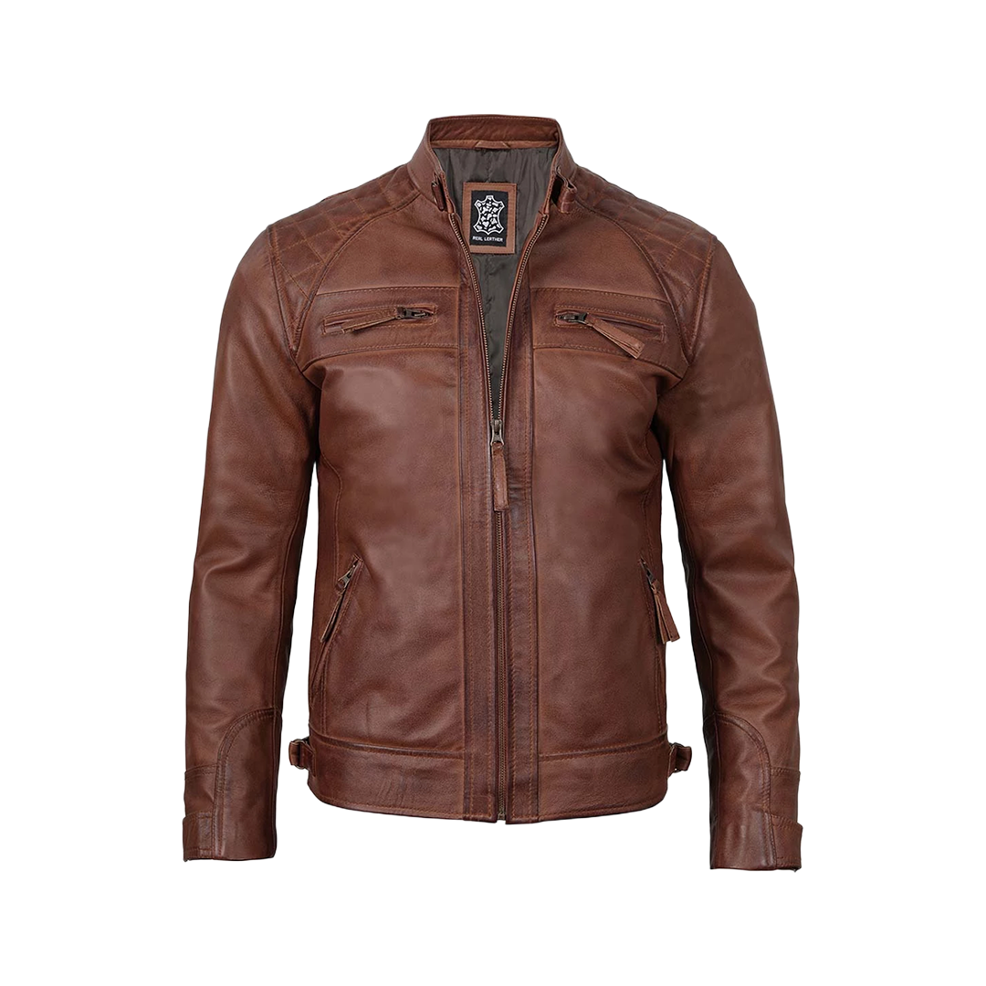 Men’s Cognac Brown Quilted Leather Motorcycle Jacket
