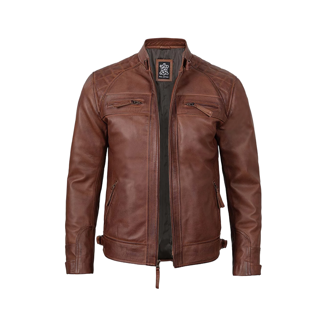 Men’s Cognac Brown Quilted Leather Motorcycle Jacket