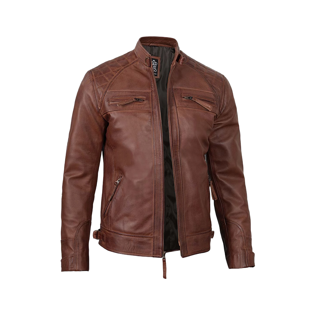Men’s Cognac Brown Quilted Leather Motorcycle Jacket