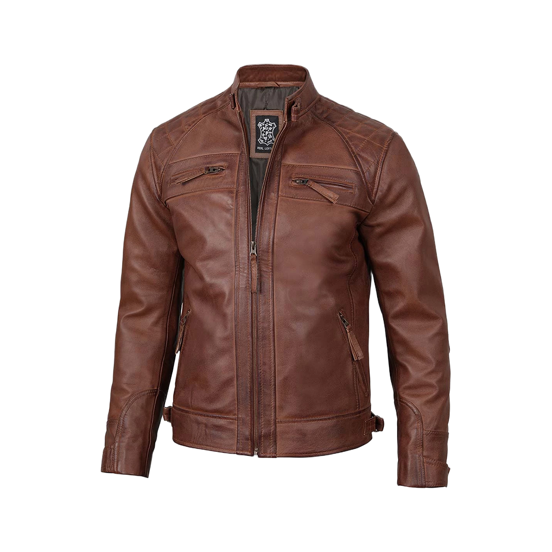 Men’s Cognac Brown Quilted Leather Motorcycle Jacket