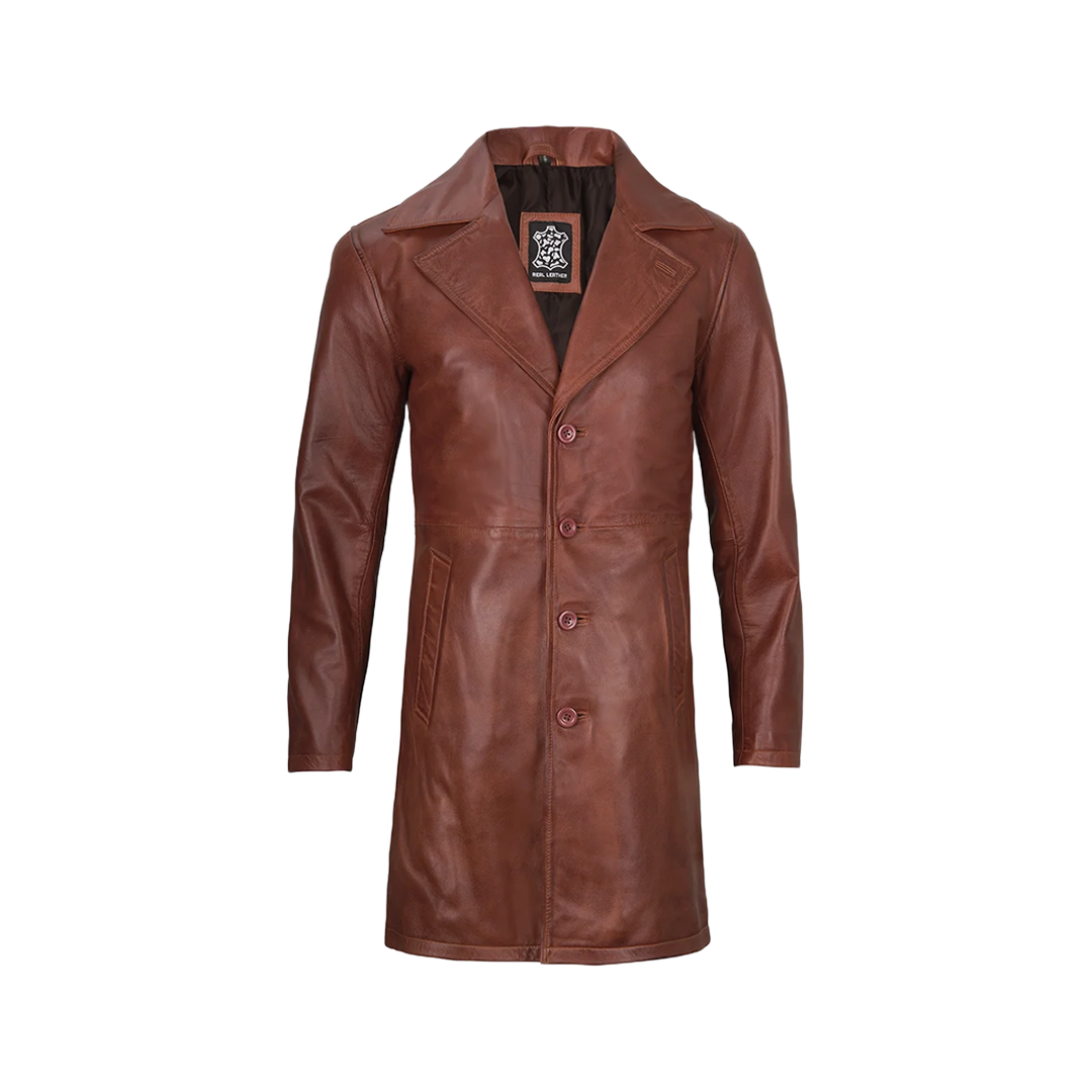 Men's Cognac Brown Real Leather Car Coat