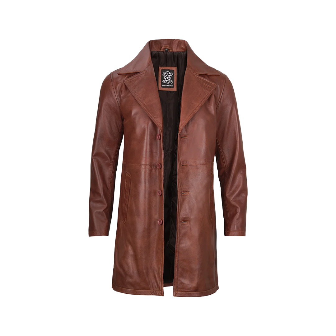 Men's Cognac Brown Real Leather Car Coat