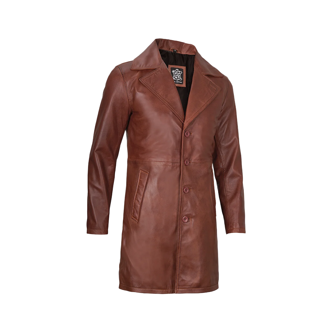 Men's Cognac Brown Real Leather Car Coat