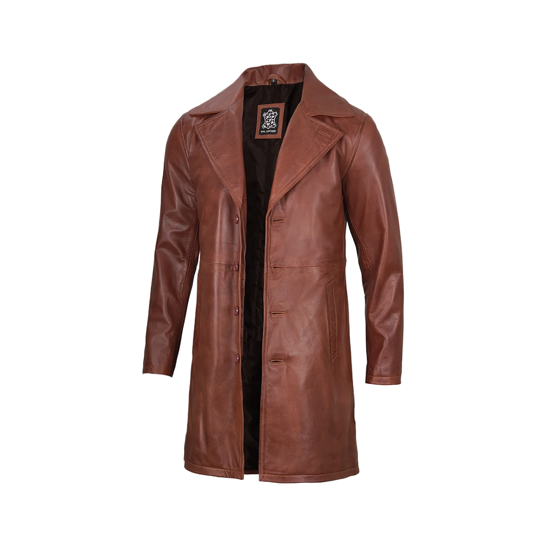 Men's Cognac Brown Real Leather Car Coat