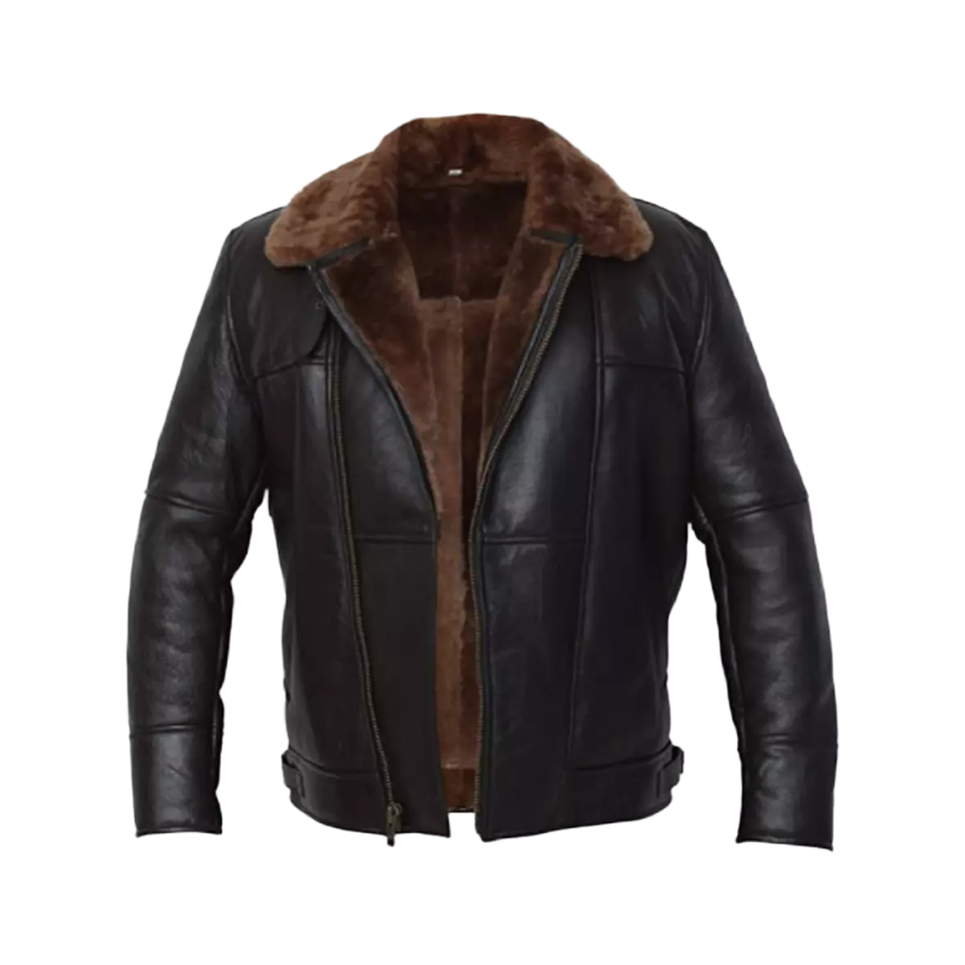 Men's Cross Zip B3 Bomber Aviator Real Shearling Brown Sheepskin Leather Jacket