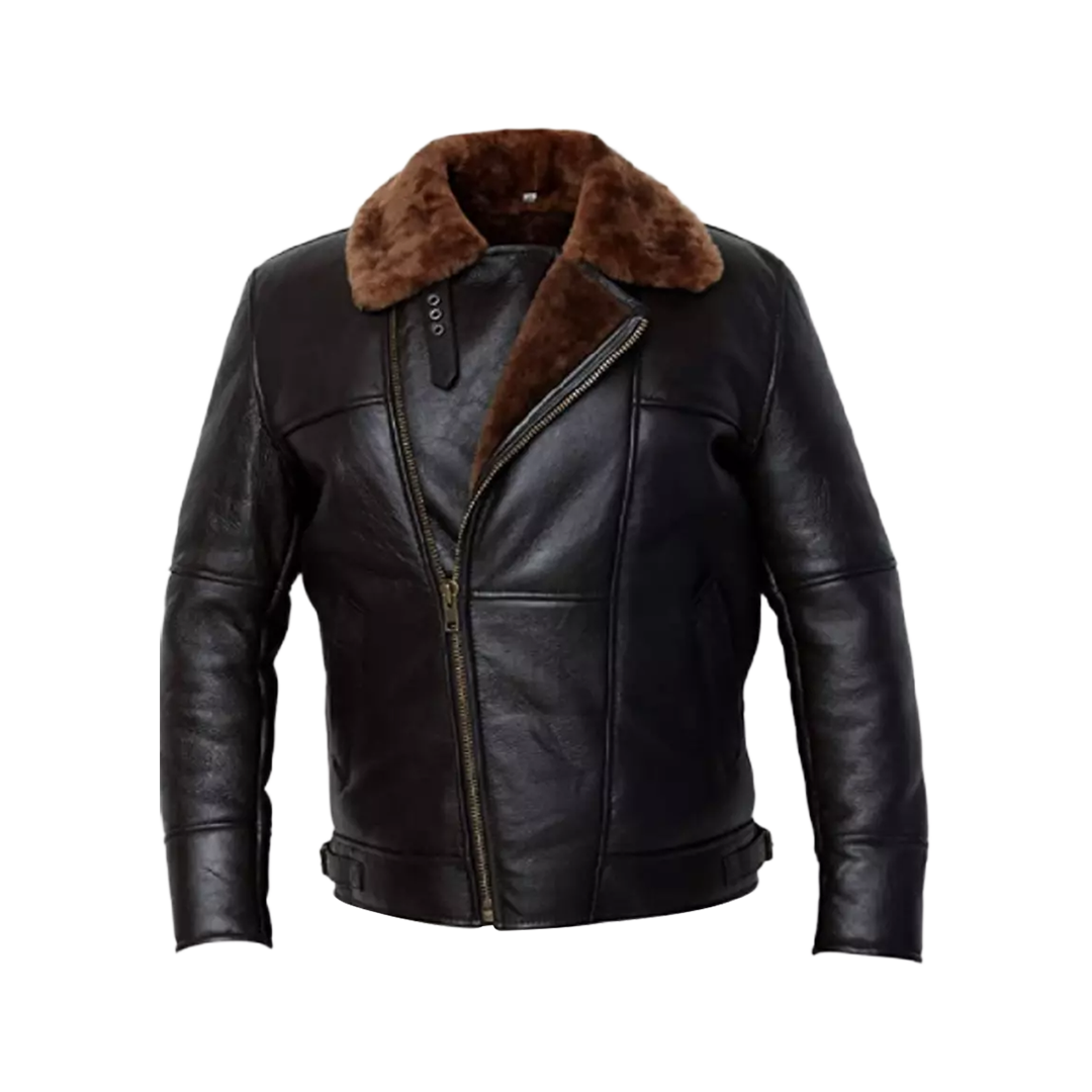 Men's Cross Zip B3 Bomber Aviator Real Shearling Brown Sheepskin Leather Jacket