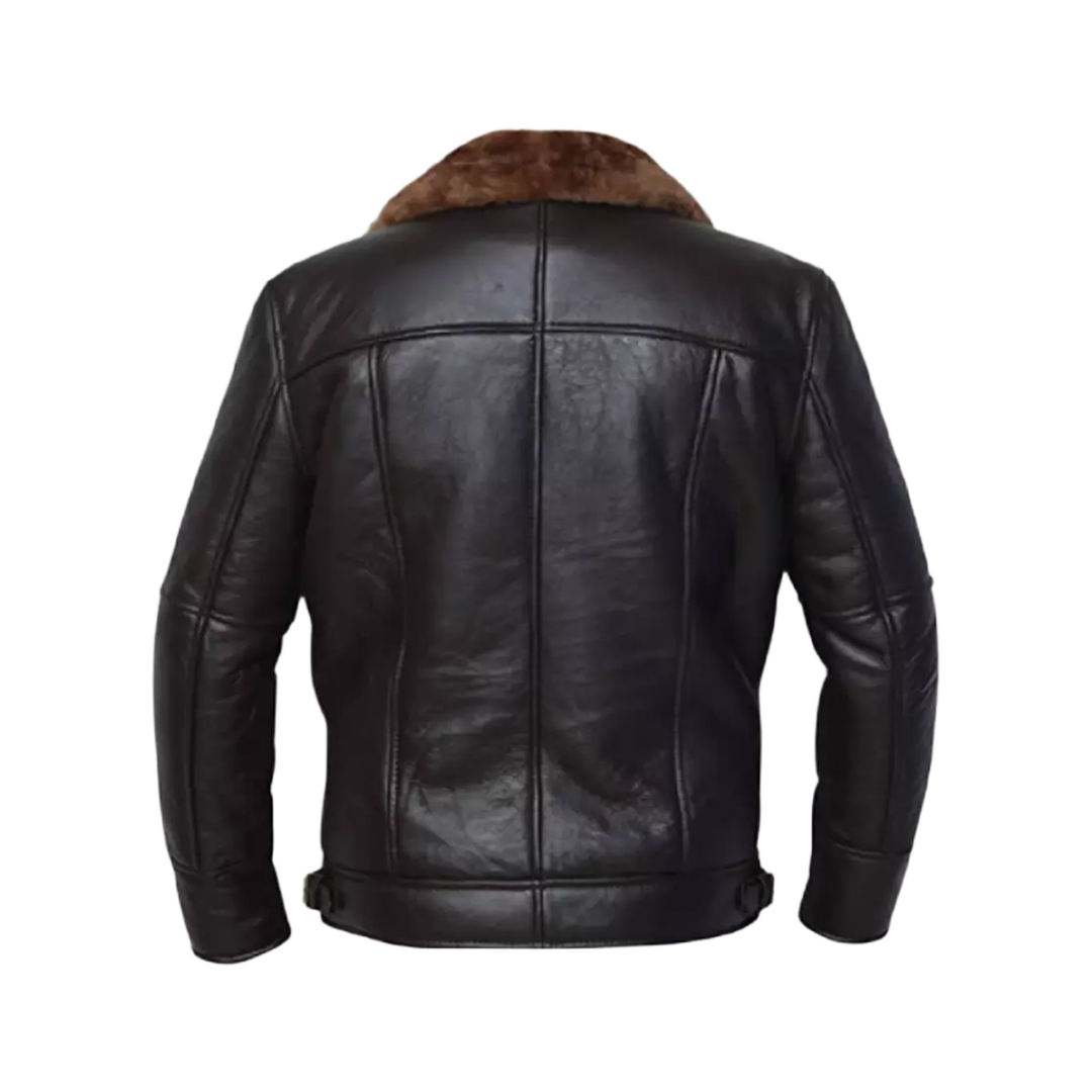 Men's Cross Zip B3 Bomber Aviator Real Shearling Brown Sheepskin Leather Jacket