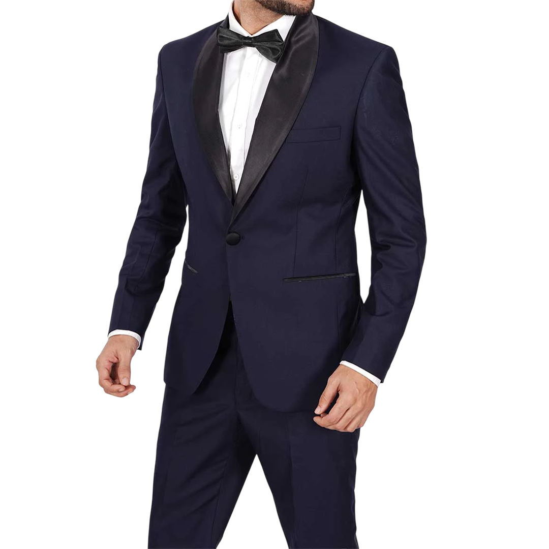 Men's Dark Blue Tuxedo with Classic Black Shawl Collar