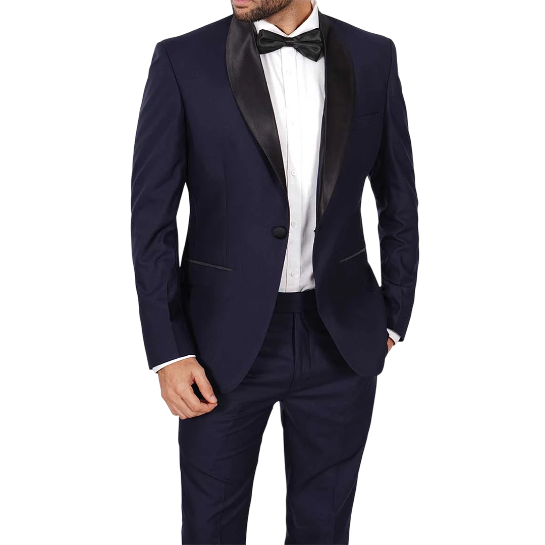 Men's Dark Blue Tuxedo with Classic Black Shawl Collar