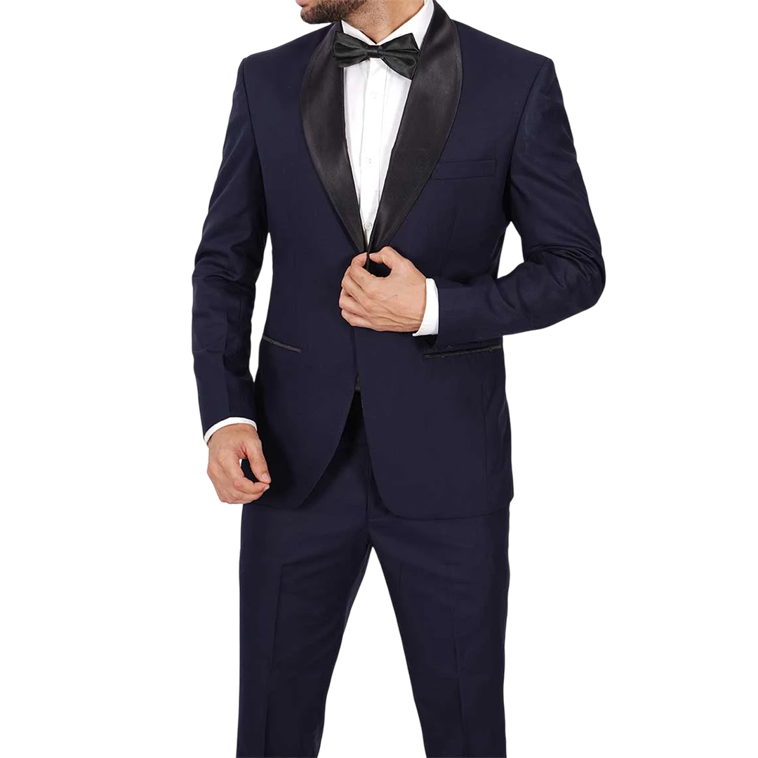 Men's Dark Blue Tuxedo with Classic Black Shawl Collar