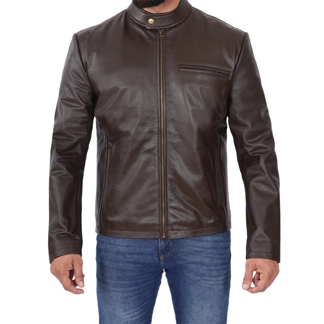 Men's Dark Brown Cowhide Leather Cafe Racer Jacket
