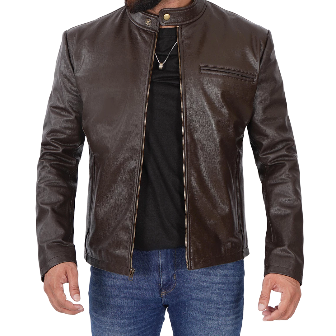 Men's Dark Brown Cowhide Leather Cafe Racer Jacket