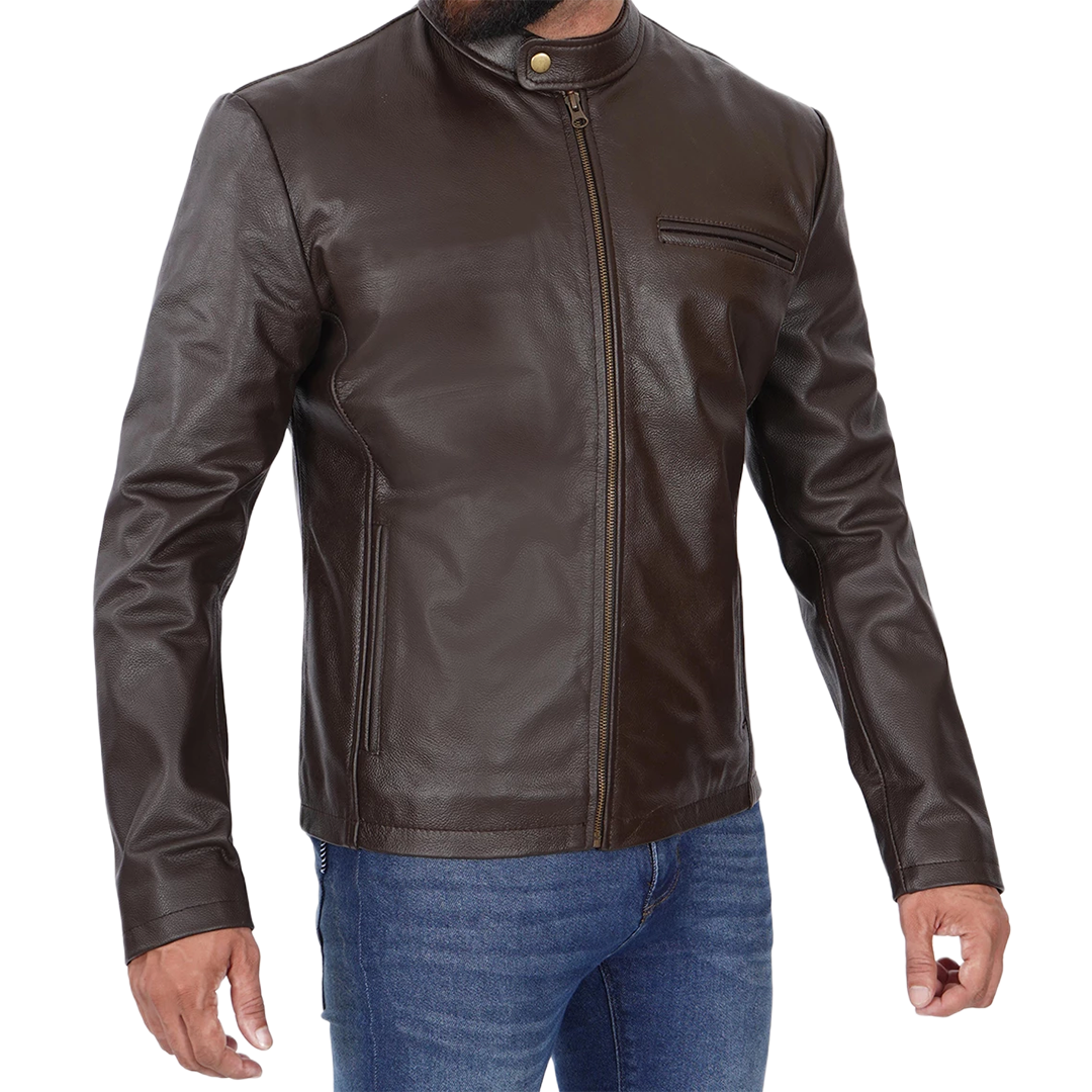 Men's Dark Brown Cowhide Leather Cafe Racer Jacket