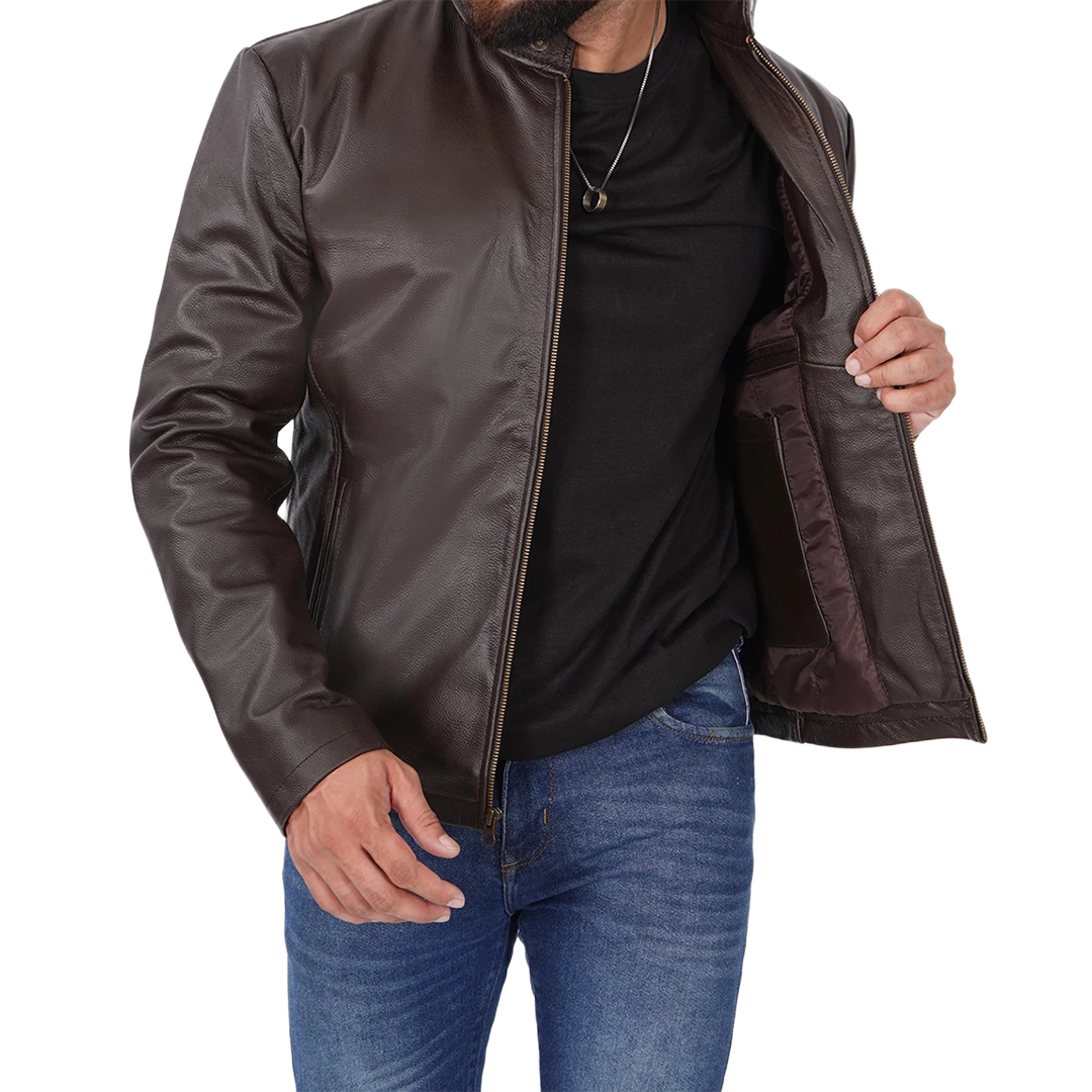 Men's Dark Brown Cowhide Leather Cafe Racer Jacket