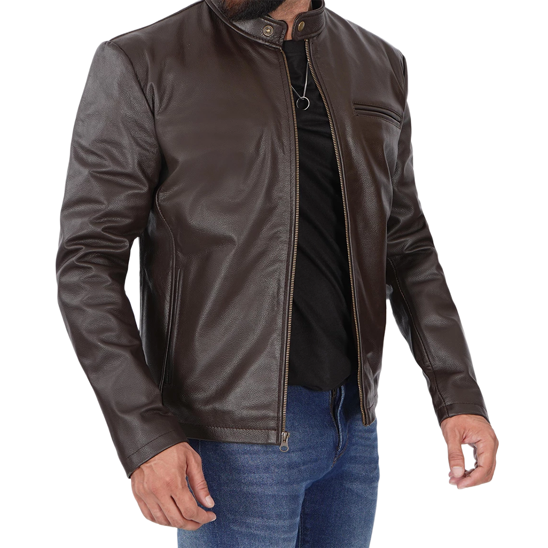 Men's Dark Brown Cowhide Leather Cafe Racer Jacket