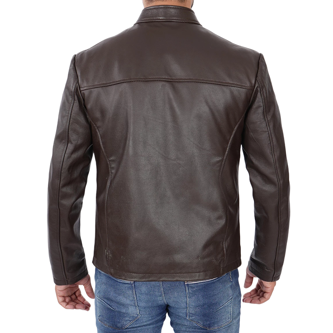 Men's Dark Brown Cowhide Leather Cafe Racer Jacket