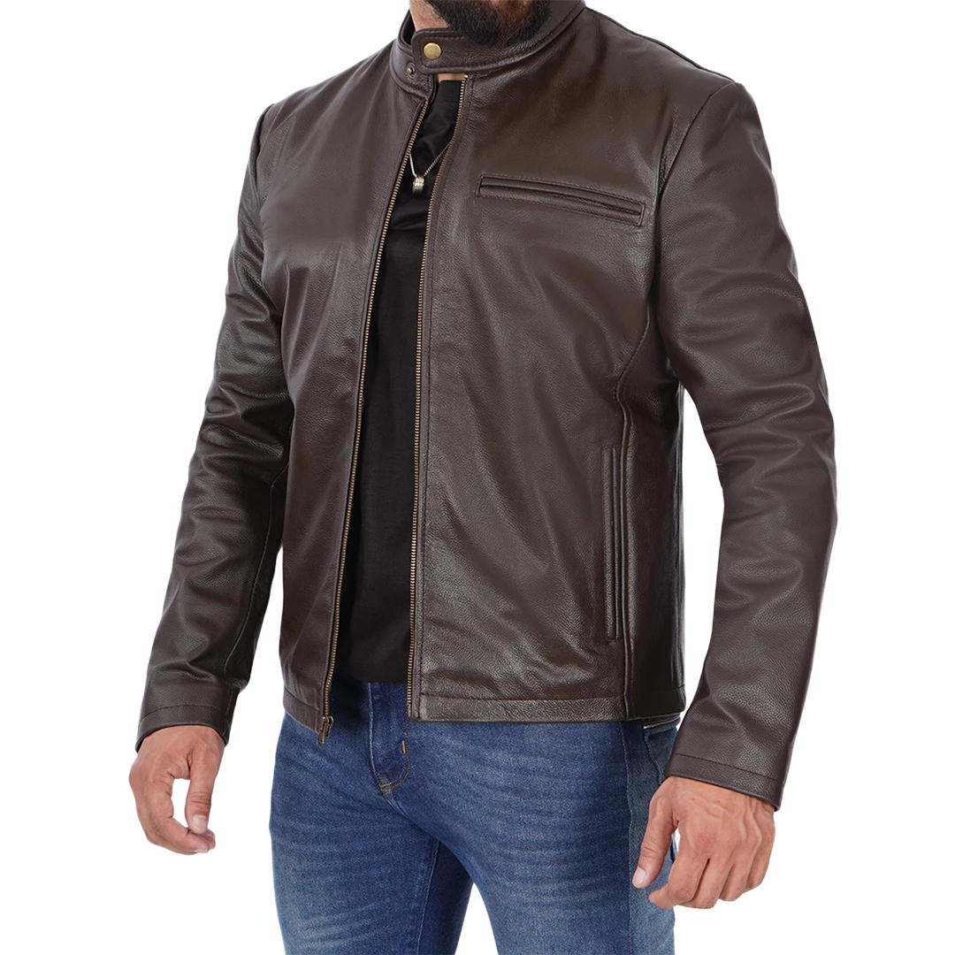 Men's Dark Brown Cowhide Leather Cafe Racer Jacket