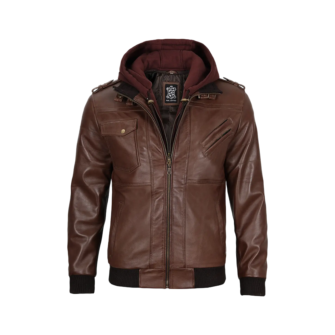 Men's Tall Dark Brown Leather Bomber Jacket With Hood