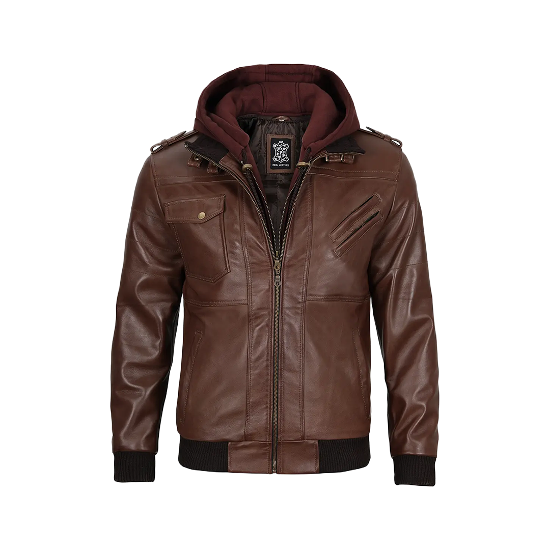 Men's Dark Brown Leather Bomber Jacket With Hood — Low Stock