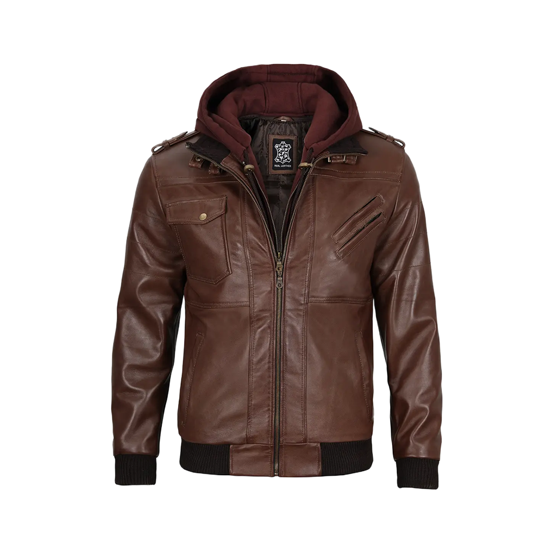 Men's Dark Brown Leather Bomber Jacket With Hood — Low Stock