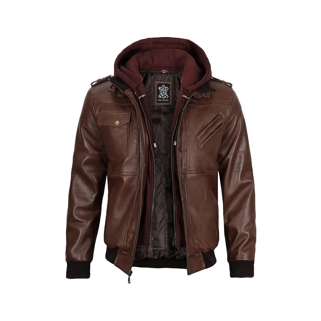 Men's Dark Brown Leather Bomber Jacket With Hood