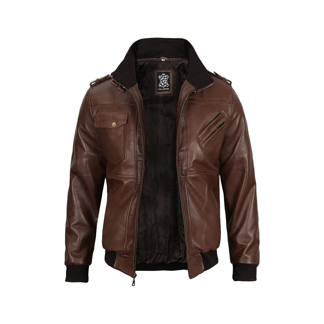 Men's Tall Dark Brown Leather Bomber Jacket With Hood