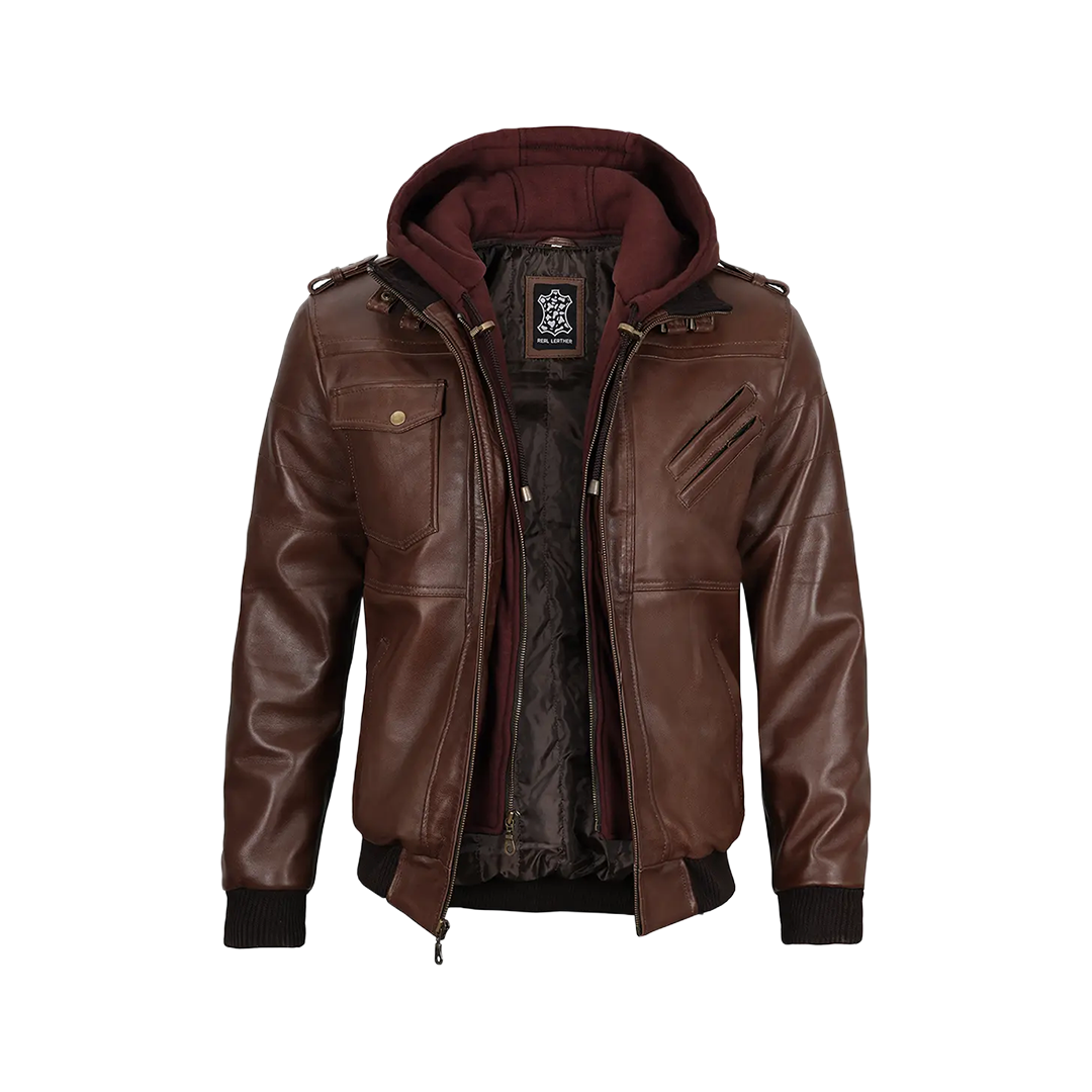 Men's Tall Dark Brown Leather Bomber Jacket With Hood
