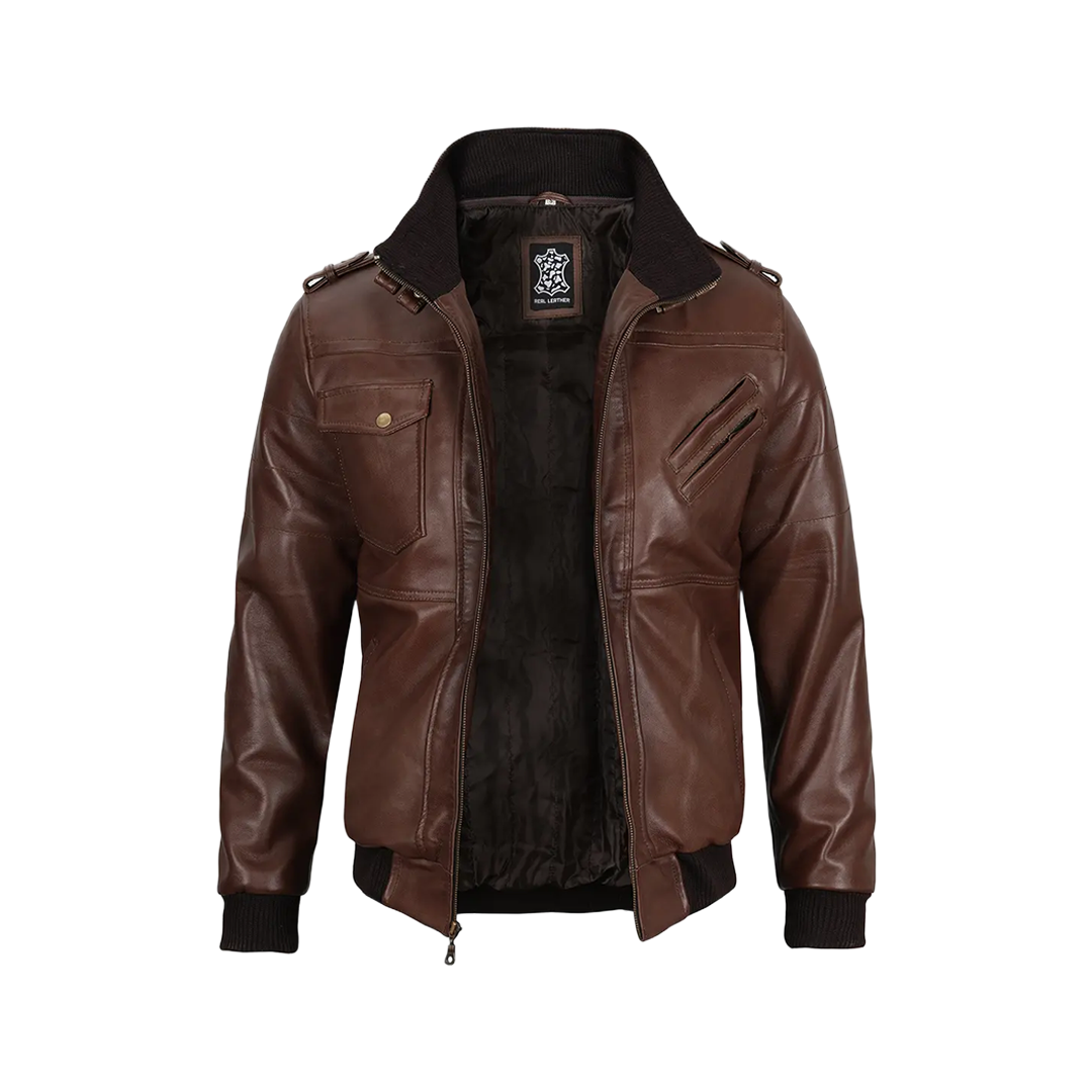 Men's Dark Brown Leather Bomber Jacket With Hood — Low Stock