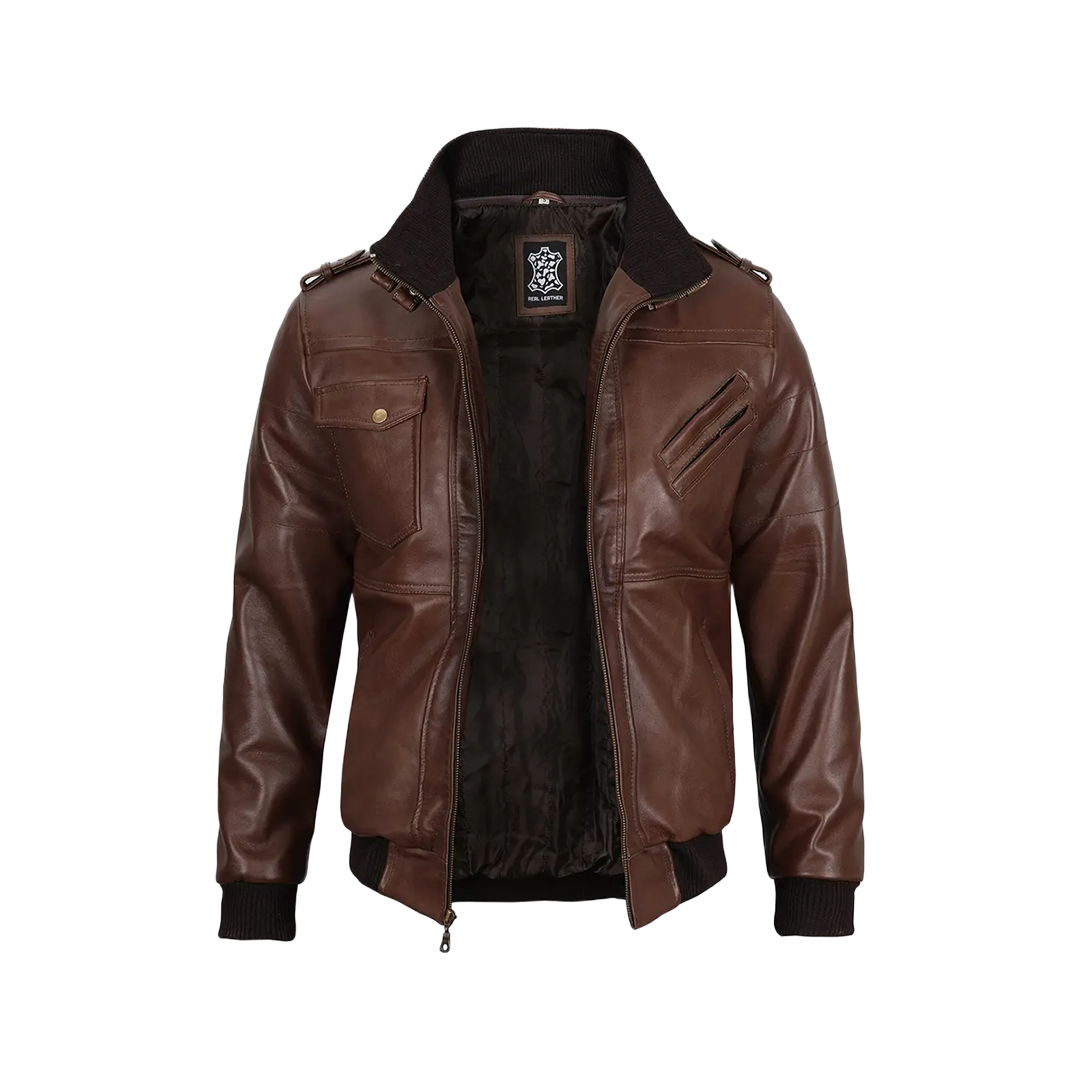 Men's Tall Dark Brown Leather Bomber Jacket With Hood