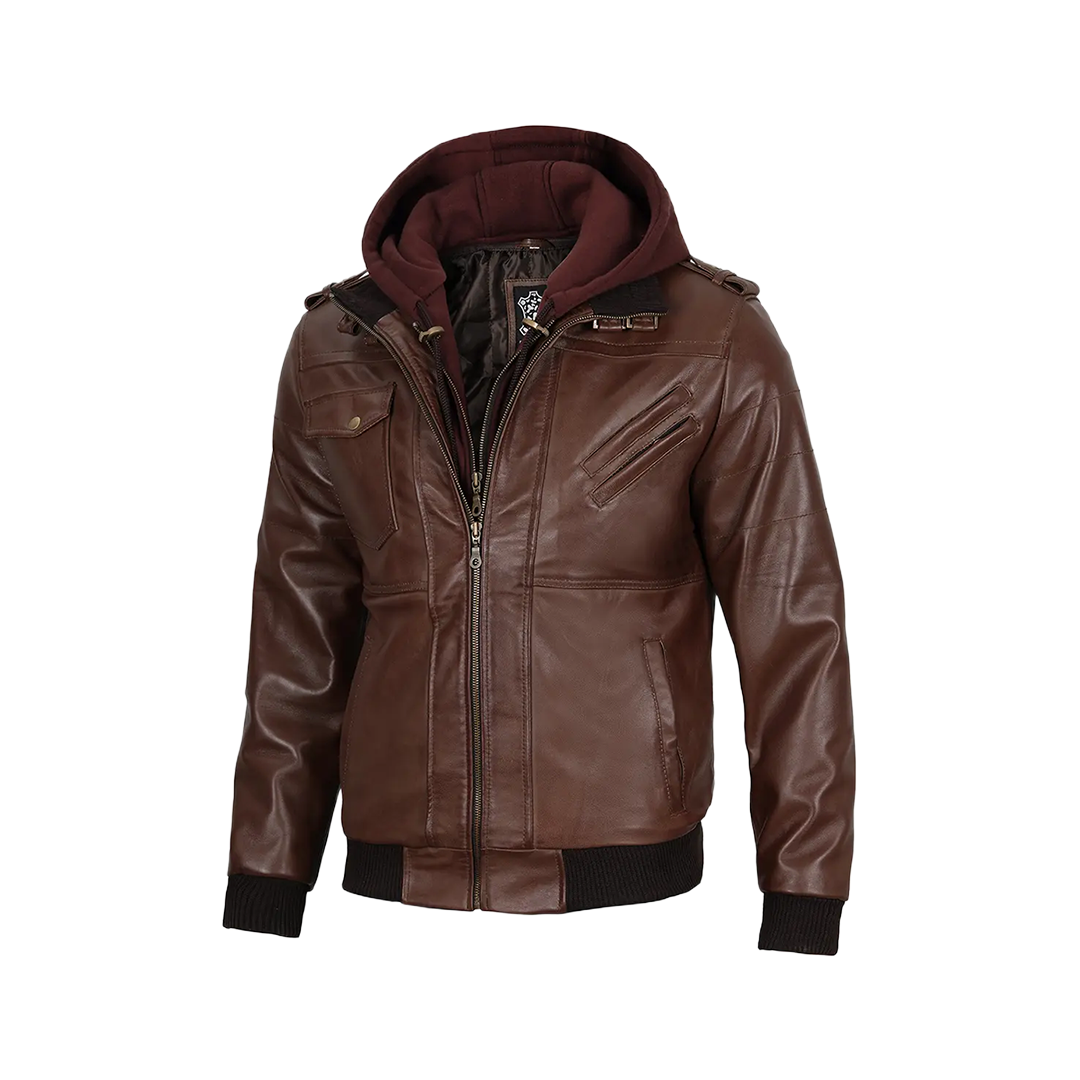 Men's Tall Dark Brown Leather Bomber Jacket With Hood