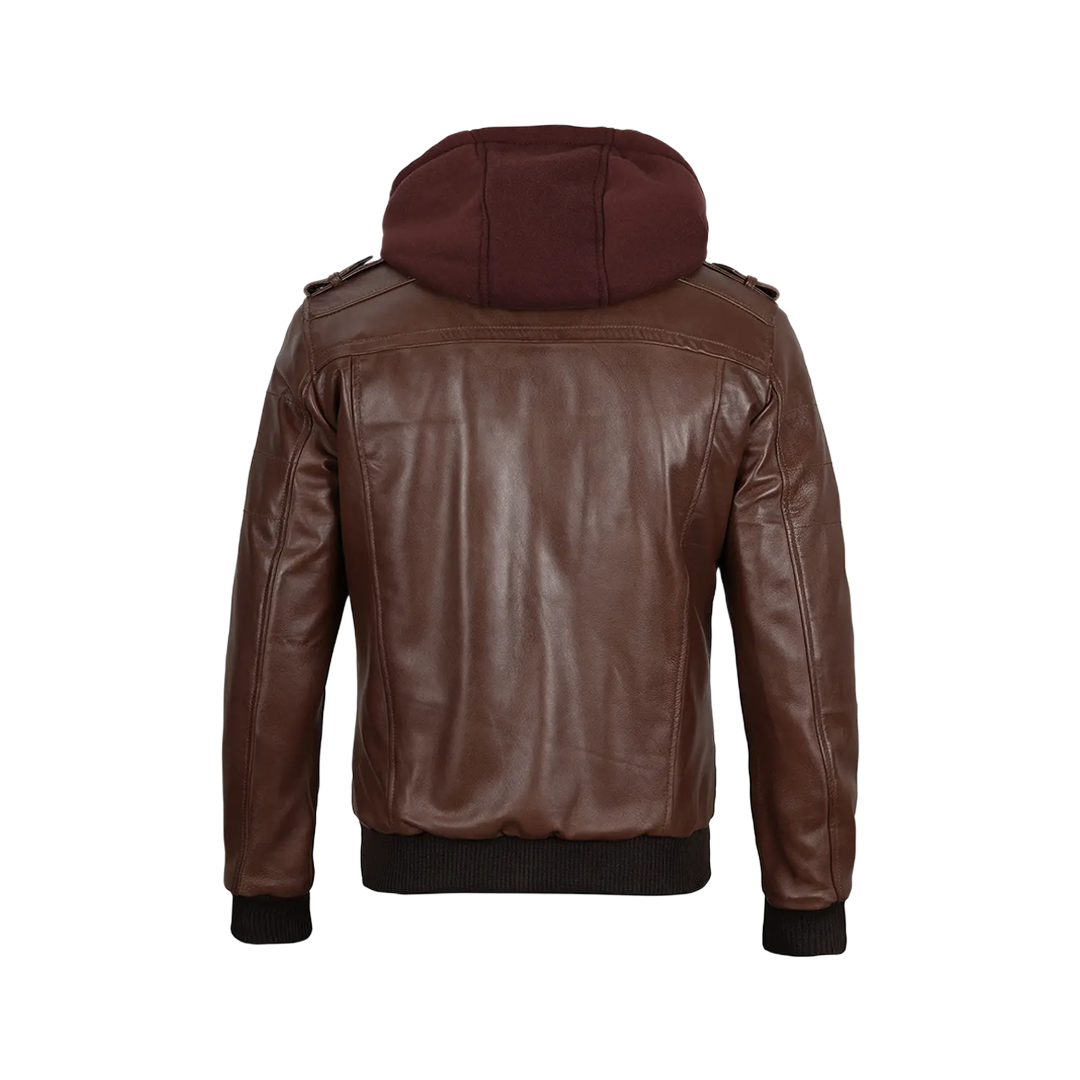 Men's Dark Brown Leather Bomber Jacket With Hood — Low Stock