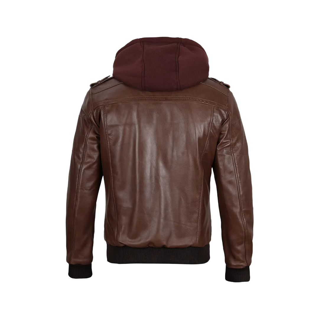Men's Tall Dark Brown Leather Bomber Jacket With Hood