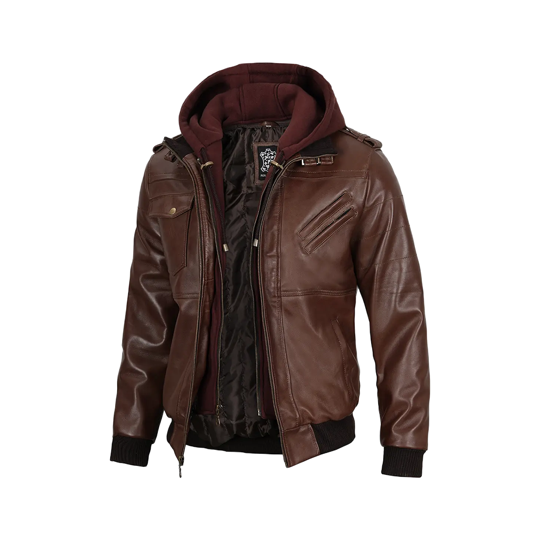 Men's Tall Dark Brown Leather Bomber Jacket With Hood
