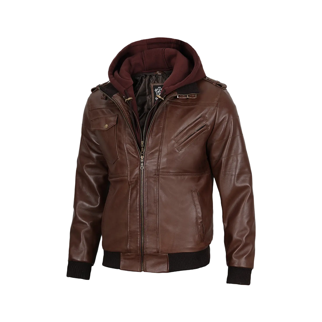 Men's Tall Dark Brown Leather Bomber Jacket With Hood