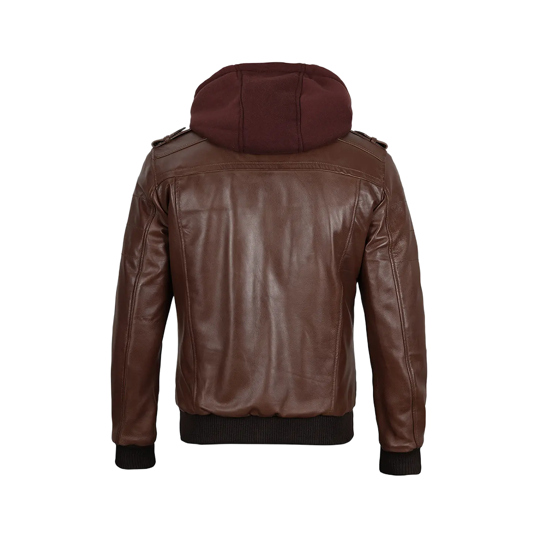 Men's Tall Dark Brown Leather Bomber Jacket With Hood
