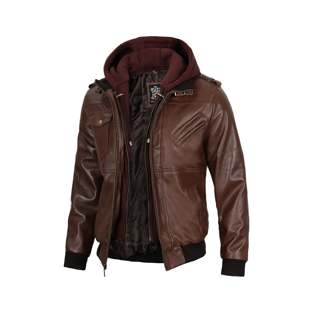 Men's Tall Dark Brown Leather Bomber Jacket With Hood