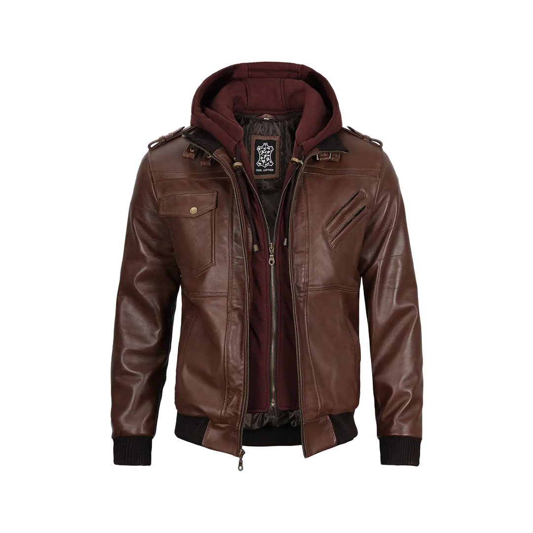 Men's Dark Brown Leather Bomber Jacket With Hood