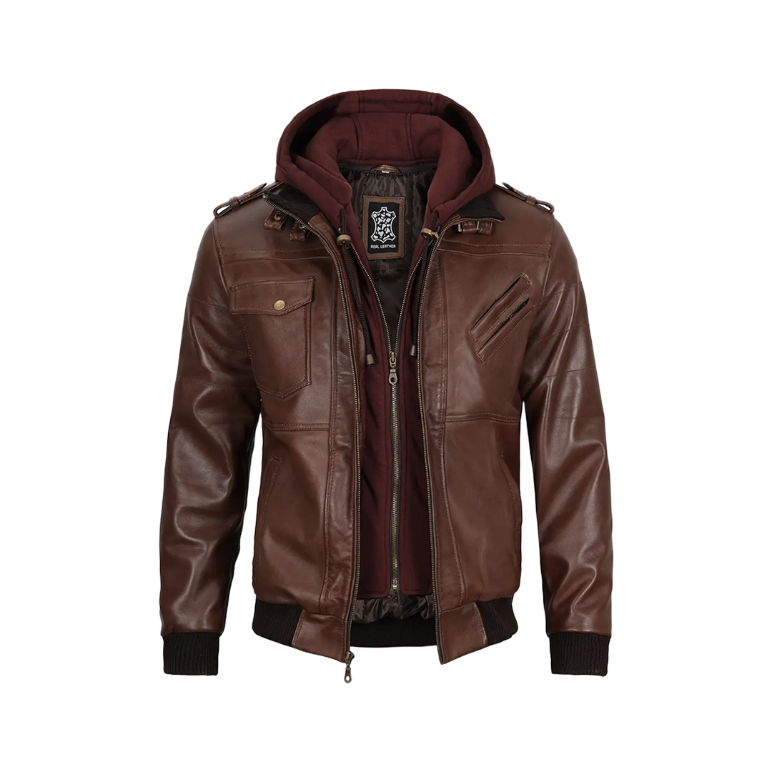 Men's Dark Brown Leather Bomber Jacket With Hood — Low Stock