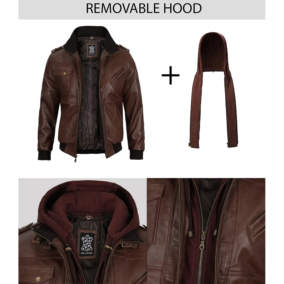 Men's Dark Brown Leather Bomber Jacket With Hood