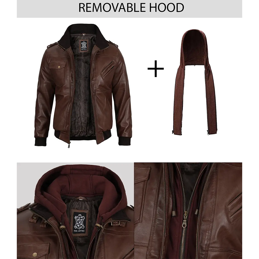 Men's Dark Brown Leather Bomber Jacket With Hood — Low Stock