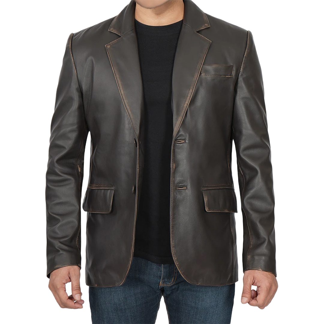 Men's Dark Brown Rub Off Leather Blazer