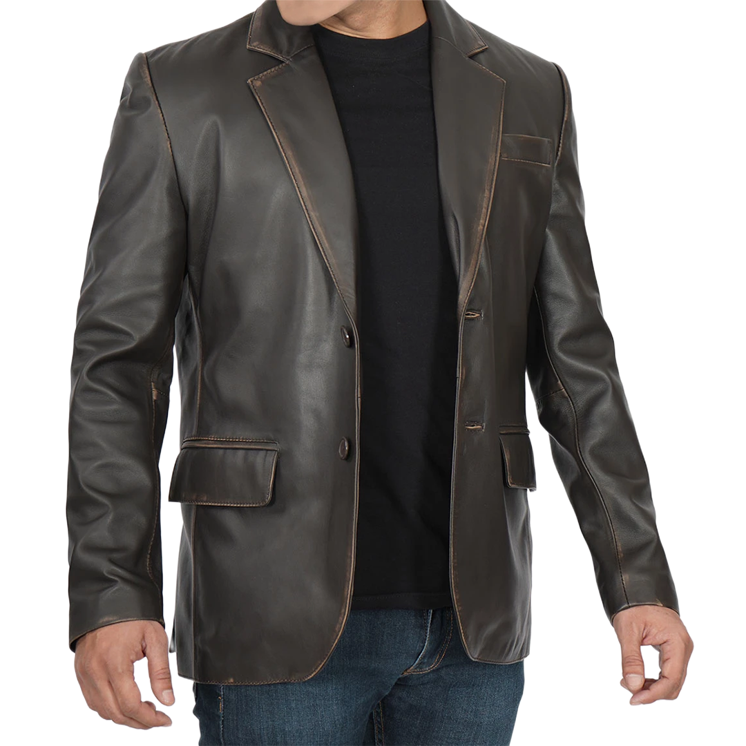 Men's Dark Brown Rub Off Leather Blazer