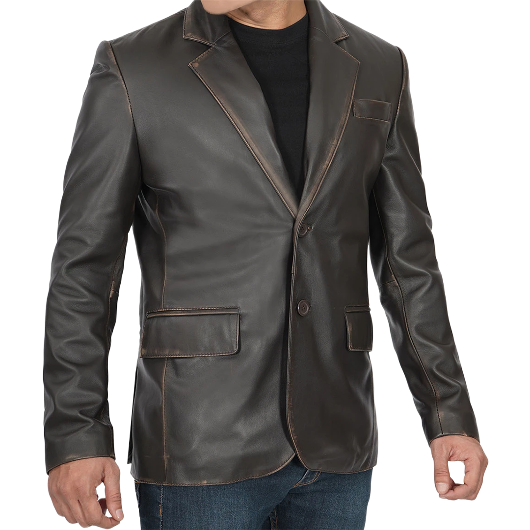 Men's Dark Brown Rub Off Leather Blazer